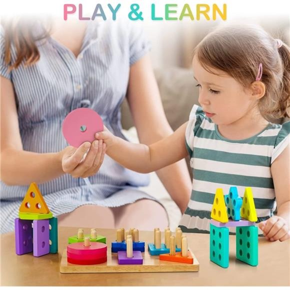 Wooden Sorting & Stacking Toys, Montessori Toys for 1 2 3 Years Old Toddlers - Picture 5 of 7